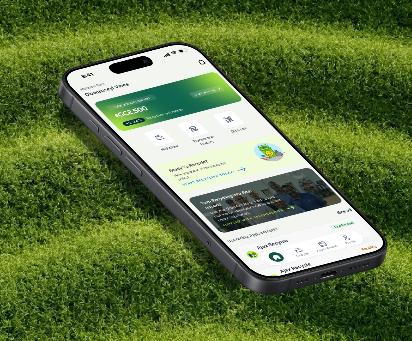 WasteBazaar — booking, tracking and GreenCredits screens of the recycling app